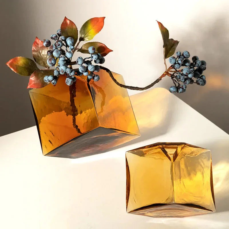 Amber cube glass vase with geometric design, perfect for modern floral arrangements – Bea Homes.