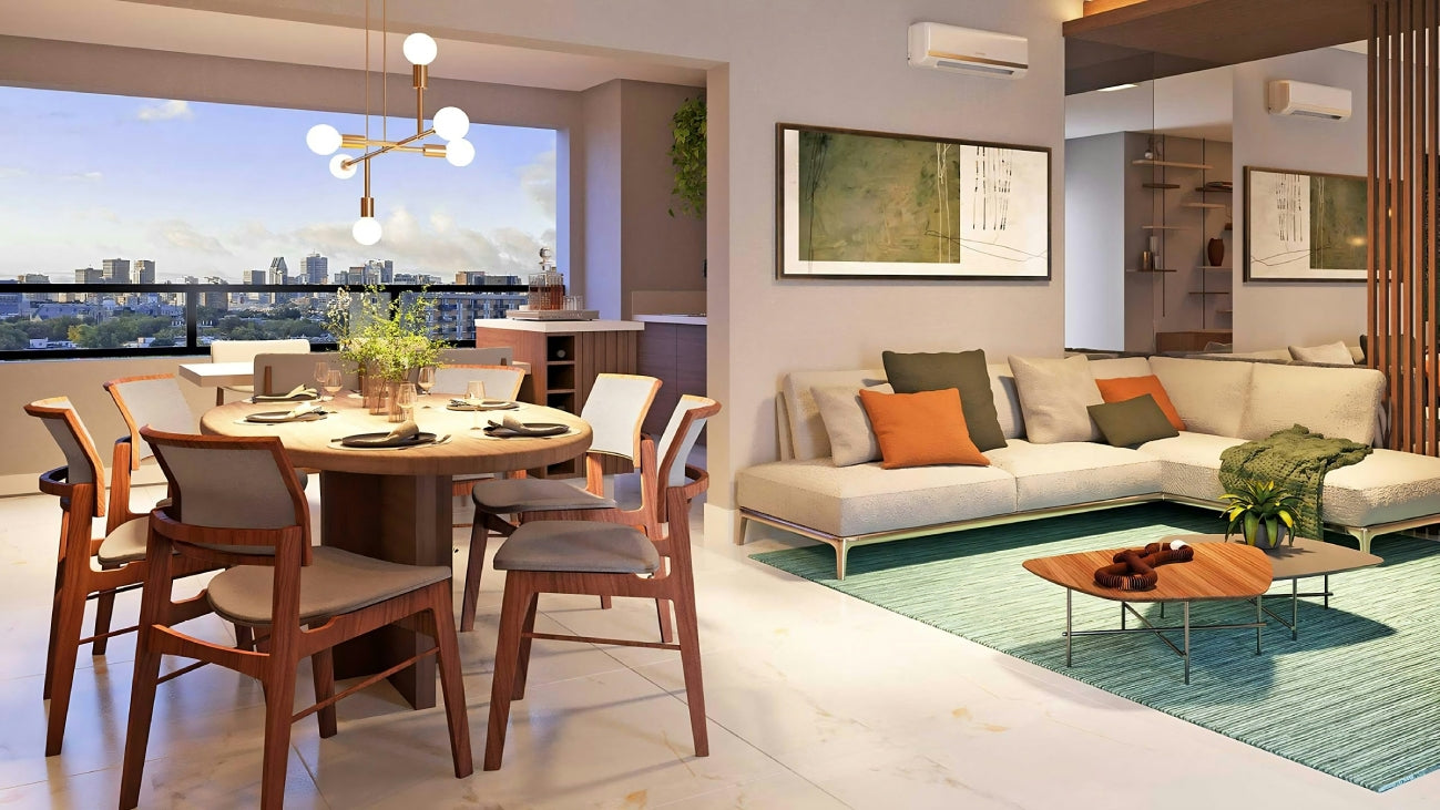 Modern living and dining room with wooden table, sofa, and city view – Bea Homes décor.