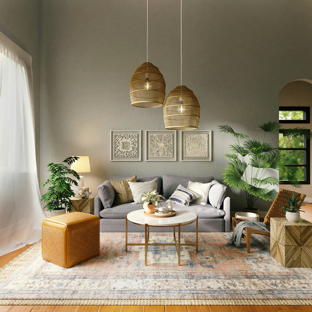 Cozy living room with gray sofa, indoor plants, rattan pendant lights, and modern décor – Bea Homes.