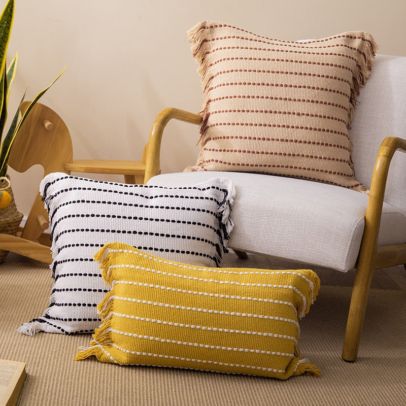 Set of striped cotton pillow covers in beige, black, and yellow with fringe edges – Bea Homes.