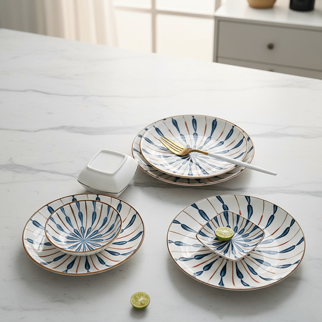 Bea Homes - 8 Inch Lotus Shaped Water Droplet Design Ceramic Plate Set - Bea Homes