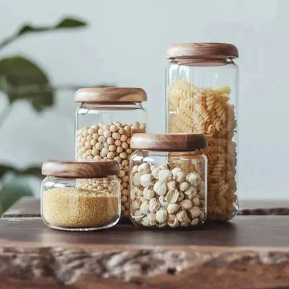 Bea Homes - Clear Glass Food Storage Container with Wooden Lid - Bea Homes
