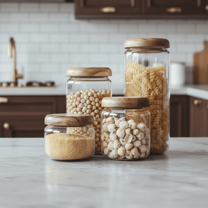 Bea Homes - Clear Glass Food Storage Container with Wooden Lid - Bea Homes