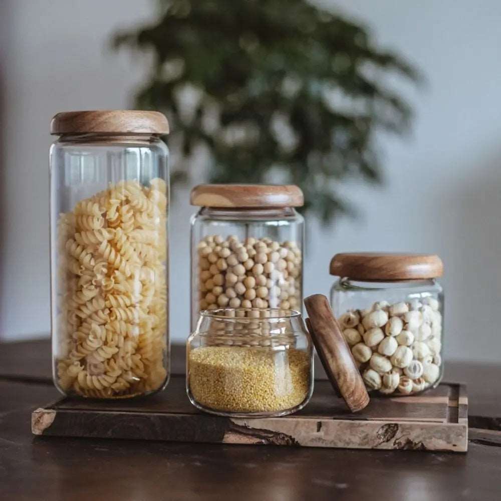 Bea Homes - Clear Glass Food Storage Container with Wooden Lid - Bea Homes