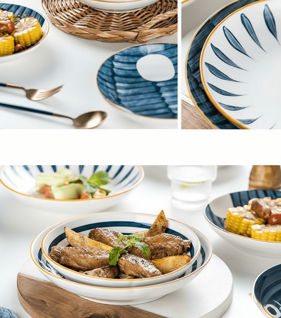 Bea Homes - Navy Japanese - Inspired Patterned Ceramic Plate Set for Stylish Dining - Bea Homes
